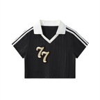 "77" Contrast Collar Striped Cropped Jersey