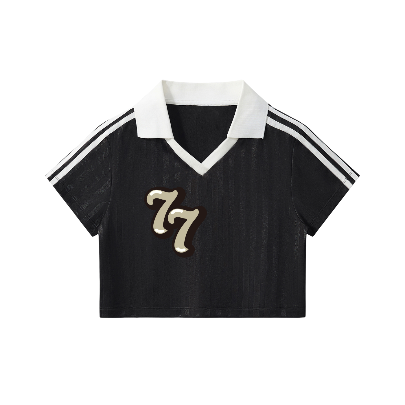 "77" Contrast Collar Striped Cropped Jersey