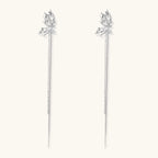 Silver-toned threader earrings featuring detailed fairy figure with wings and dual delicate chain strands, zirconia accents
