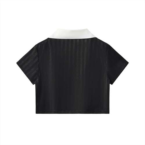 "77" Contrast Collar Striped Cropped Jersey
